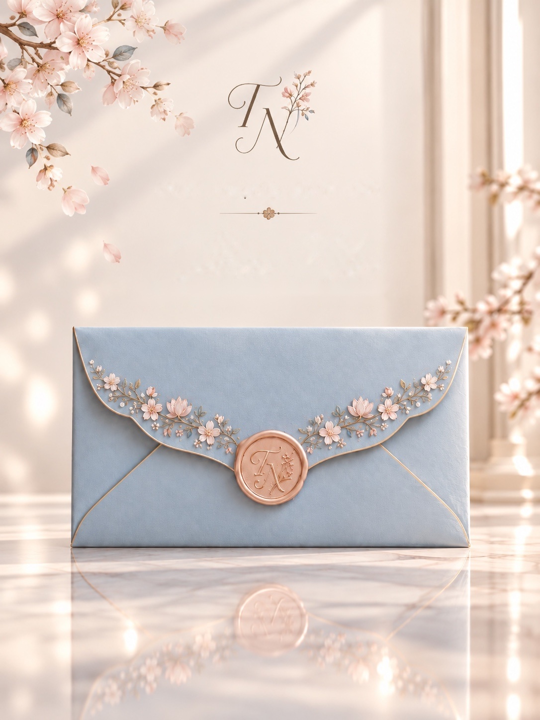 Thiệp cưới Tân Nanami, hoa anh đào, bao thư xanh pastel và sàn phản chiếu